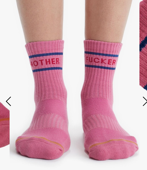 pink socks with irreverent text