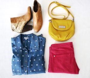 Spring colored denim, booties, button down, cashmere and wit