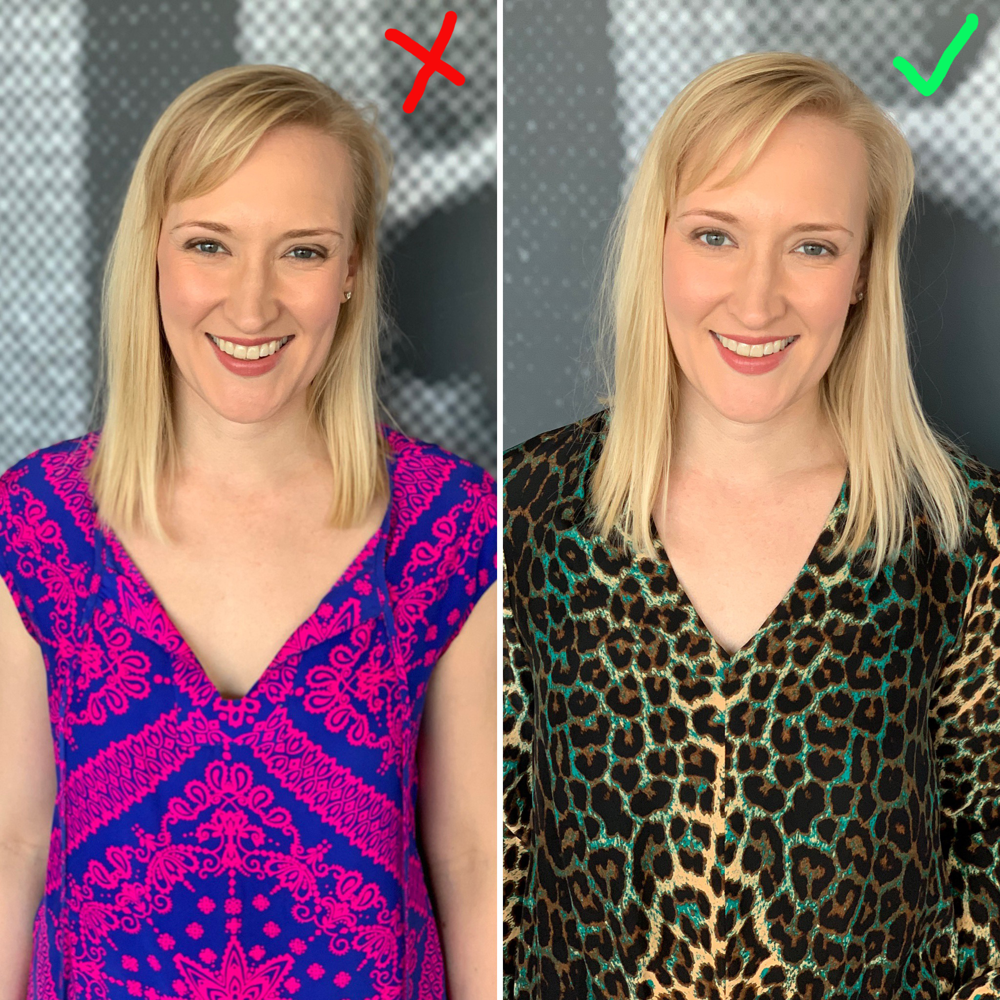 What to wear for professional headshots, avoid bright neon colors and bold prints 